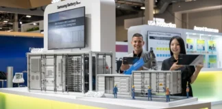 Samsung SDI fuar standında SBB 1.7 enerji depolama konteyneri maketi ve batarya modülleri
